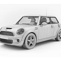 Blue Mini Cooper Two Door Car With White Roof And Silver Wheels In Mountain Landscape