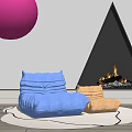 Blue Bean Bag Chair And Beige Footstool By Triangle Fireplace With Pink Sphere Decor