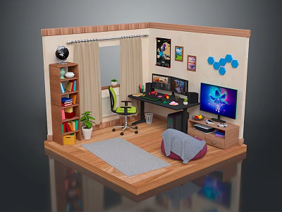 Home Office Room With Bookshelf Computer Desk TV Green Chair Wall Art And Carpet 3d model