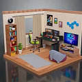 Home Office Room With Bookshelf Computer Desk TV Green Chair Wall Art And Carpet