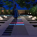 Park Landscape With Piano Keyboard Path Colorful Lights People Walking Round Lights And Pool Area