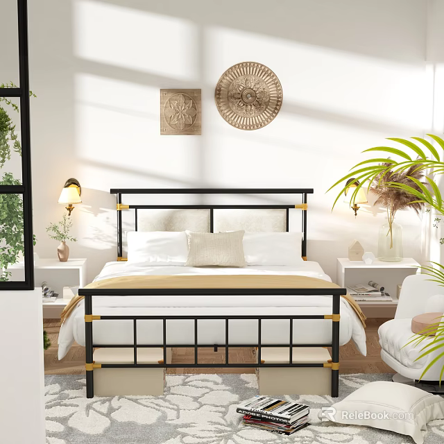 Modern Black And Gold Metal Bed Frame With Nightstands Lamps Wall Decor And Green Plants 3d model 