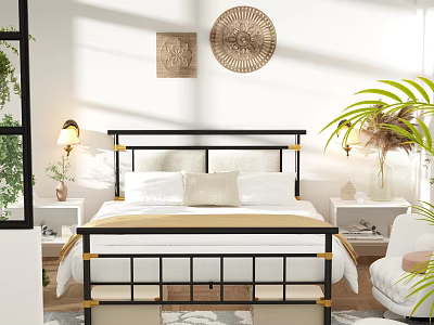 Modern Black And Gold Metal Bed Frame With Nightstands Lamps Wall Decor And Green Plants 3d model