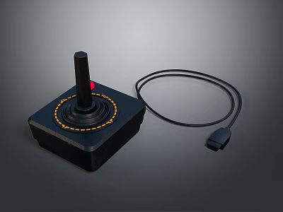 Classic Joystick Controller with Black Base Orange Trim and Connected Cable for Retro Gaming 3d model