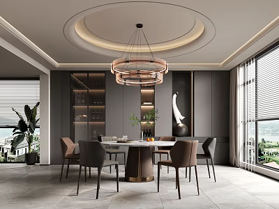 Modern Restaurant Interior With Round Dining Table Chandelier Wine Cabinet And Scenic View 3d model