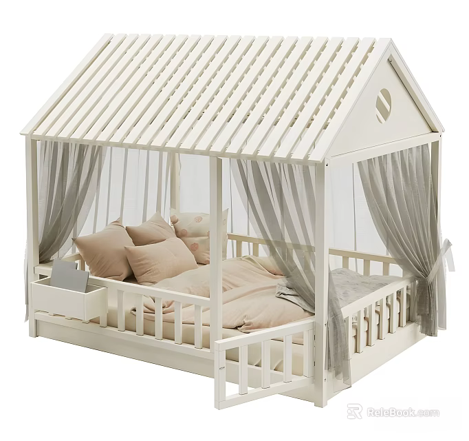 White House Shaped Children's Bed With Striped Roof Circular Window Grey Curtains And Brown Pillows 3d model 