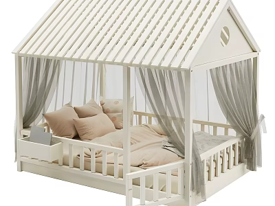 White House Shaped Children's Bed With Striped Roof Circular Window Grey Curtains And Brown Pillows 3d model