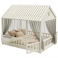 White House Shaped Children's Bed With Striped Roof Circular Window Grey Curtains And Brown Pillows
