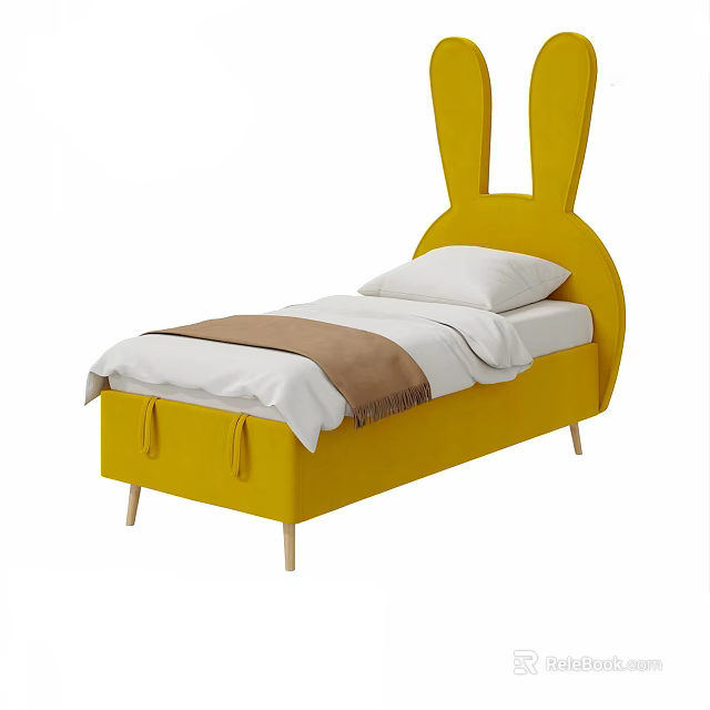 Yellow Children's Bed with Rabbit Ear Headboard Upholstered Design and Wooden Legs 3d model 