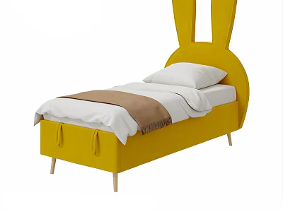 Yellow Children's Bed with Rabbit Ear Headboard Upholstered Design and Wooden Legs 3d model