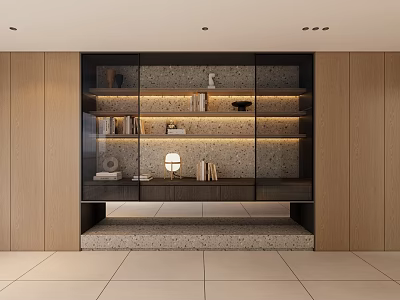 Modern Built in Bookcase with Open Shelves Warm Lighting Wooden Walls and Decorative Books 3d model