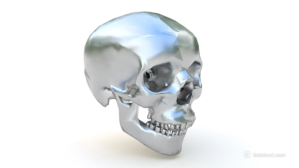 Shiny Silver Metallic Skull Sculpture With Detailed Facial Features And Polished Surface 3d model 