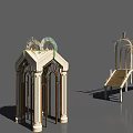 Cartoon Scene Of Arched Corridor With Golden Columns And Shiny Floor Design
