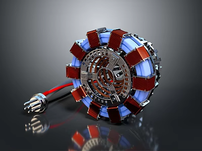 Round Metallic Household Item With Red Blue Components Gear Design And Attached Wires 3d model