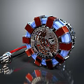 Round Metallic Household Item With Red Blue Components Gear Design And Attached Wires