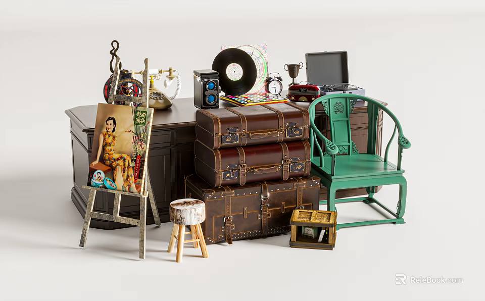 Vintage Decorative Ornament Set With Stacked Suitcases Green Chair Easel And Vinyl Player 3d model 