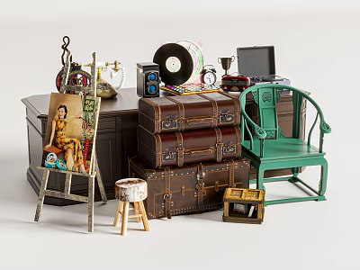 Vintage Decorative Ornament Set With Stacked Suitcases Green Chair Easel And Vinyl Player 3d model