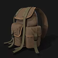 Brown Canvas Pet Backpack With Multiple Pockets And Green Straps 3d model