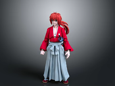 Anime Character In Red Kimono Coat With Gray Pants And Long Red Hair 3d model