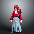 Anime Character In Red Kimono Coat With Gray Pants And Long Red Hair