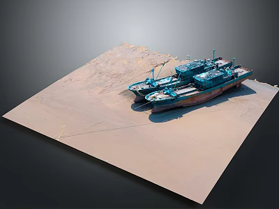 Work Boat On Sand Ground With Crane And Deck Equipment 3d model