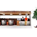 Modern Roadside Rest Station With Wooden Concrete Structure Service Desk Staff And Green Plant
