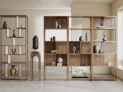 Wooden Chinese Display Shelves With Multiple Compartments Decorative Vases And Antique Statues 3d model
