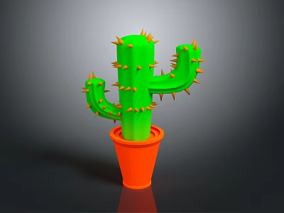 Green Cactus with Orange Spines Growing in Orange Pot on Dark Background 3d model