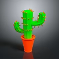 Green Cactus with Orange Spines Growing in Orange Pot on Dark Background