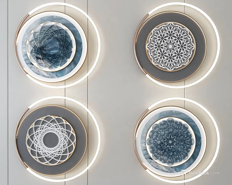 Four Piece Modern Circular Wall Decor Featuring Illuminated Rings And Intricate Patterns 3d model
