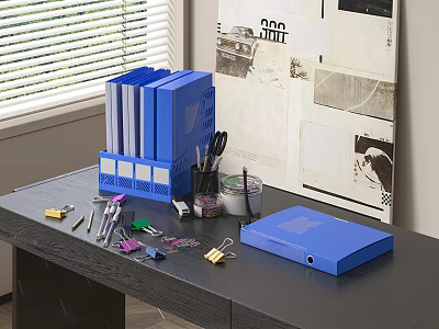 Organized Office Desk With Blue Folders Scissors Pens Paper Clips And Stapler 3d model