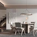Modern Restaurant Dining Area With Round Table Chairs Hanging Pendant Light Decorative Painting And Bookshelf