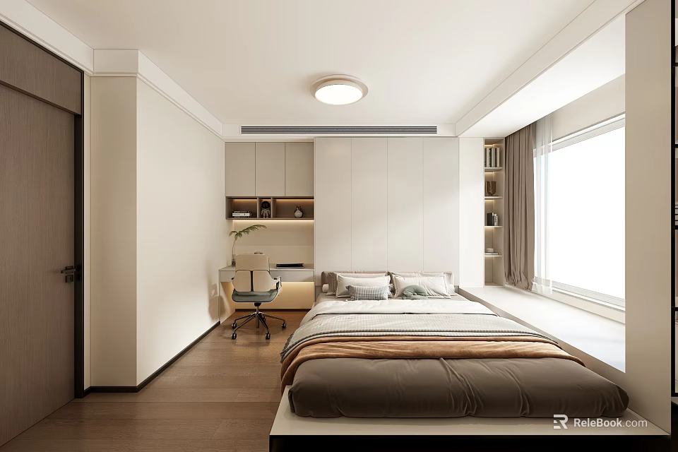 Modern Tatami Bedroom Interior Design With Tatami Bed Desk Chair And Window 3d model 