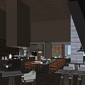 Modern Restaurant Interior With Open Kitchen Brick Wall Hanging Lights And Dining Tables 3d model