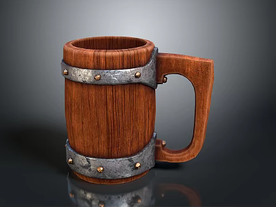 Rustic Vintage Wooden Mug With Metal Bands Rivets And Sturdy Handle 3d model