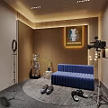 Stylish Interior Space With Blue Sofa Photography Equipment Kilian Paris Painting Shoes And Display Cabinet