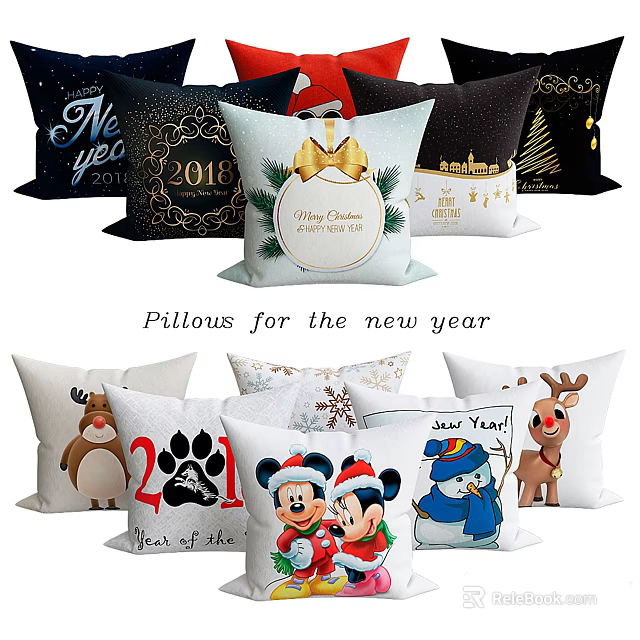 New Year Christmas Decorative Pillows with Mickey Snowman Reindeer and Paw Print Designs 3d model 