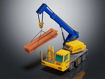 Yellow ACE Crane With Blue Boom Lifting Wooden Beam In Construction 3d model