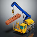 Yellow ACE Crane With Blue Boom Lifting Wooden Beam In Construction