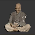 Bald Elderly Man Sitting Cross Legged In Traditional Robe With Hands Resting Lap