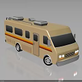 Cartoon Style Beige Camper Van With Red Yellow Stripes And Roof Equipment
