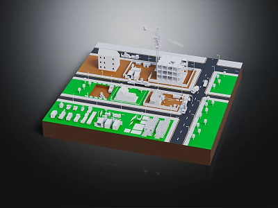 Cartoon City Construction Model With Crane Buildings Green Areas And Roads 3d model