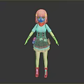 A Woman With Blonde Hair Red Scarf White Top Brown Skirt And Striped Socks