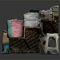 Modern Storage Solution With Stacked Colorful Fabric Bags And Containers On Wooden Base