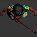 Long Haired Figure Wearing Tie Dye Shirt Light Blue Jeans Green Shoes With Red Guitar