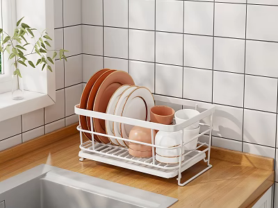 Kitchen Dish Set Organized In White Rack On Wooden Countertop With Tiled Wall 3d model