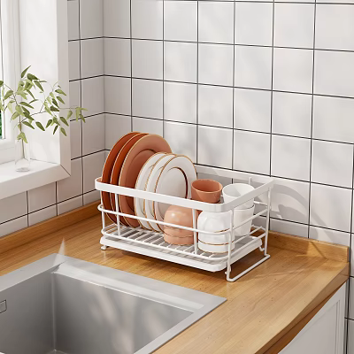Kitchen Dish Set Organized In White Rack On Wooden Countertop With Tiled Wall 3d model