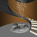 Modern Spiral Staircase With Black Orange Handrail Artistic Chandelier Circular Decorations And Lit Steps