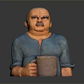 Portly Man Figurine Wearing Blue Shirt Holding Brown Graduated Mug on Gray Background