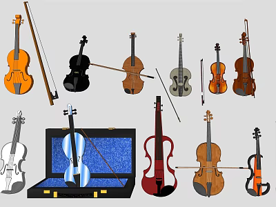 Various Colorful Violins With Open Case And Different Styles For 3d model